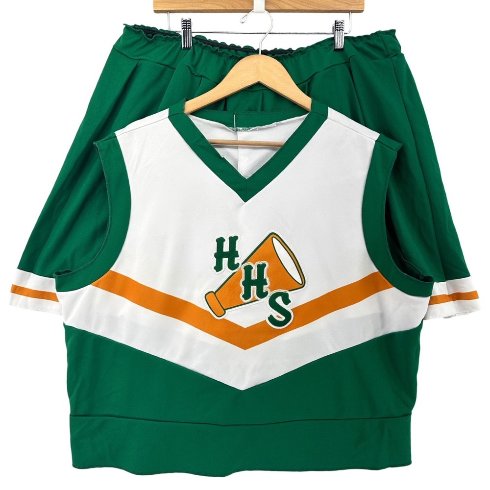 HHS Cheerleading Uniform Costume Set Green White Top Pleated Skirt Womens 2XL